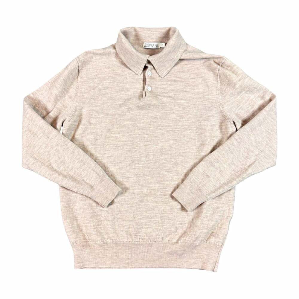 Collars & Co. Merino Wool Knit Collared Pullover Sweater Beige XL Button